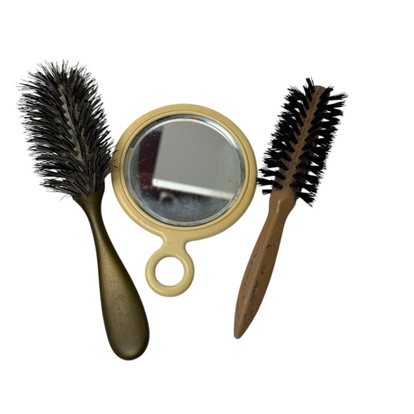 2 Antique Hairbrushes And Mirror Half Round Full Compact 60s Kent? Natural VTG - Picture 1 of 10